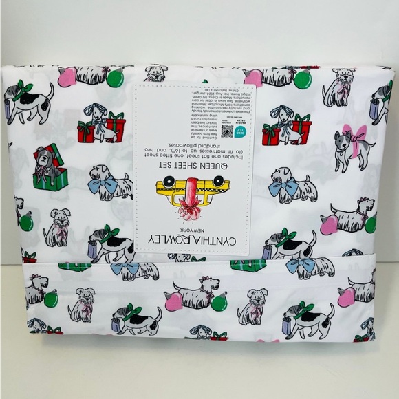 Cynthia Rowley Puppy Cheer Queen Size Sheet Set Presents Bows Ornaments Gifts - Picture 10 of 12